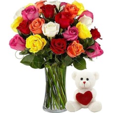 18 colorful roses with teddy bear