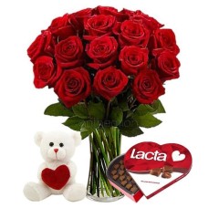 24 red roses with chocolates and teddy bear