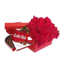 Gift box with 24 red roses and chocolates