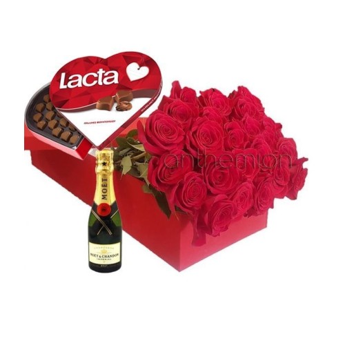 Gift box with 24 roses, chocolates and MOET