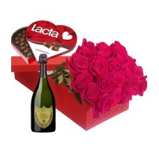 Dom Perignon with roses in gift box