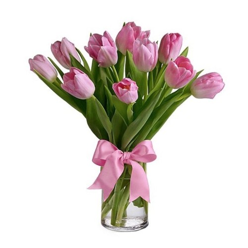 Pink tulips in glass vase