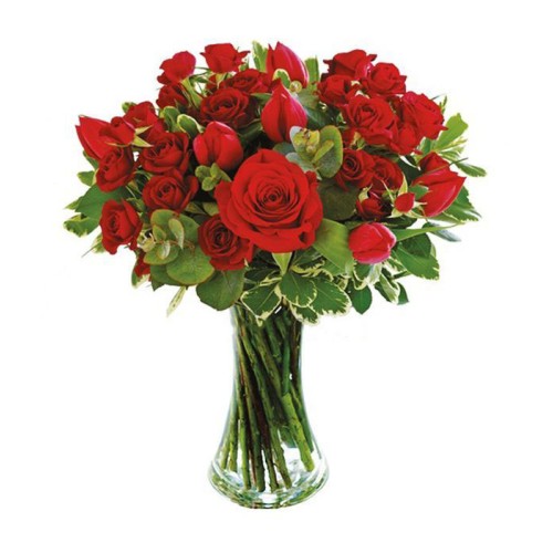 Bouquet with tulips and red roses (Basic)