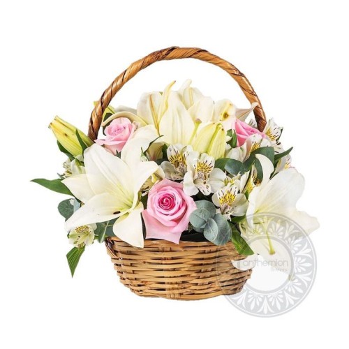 Pink and white roses and oriental lilies in basket (Basic)