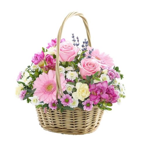 Pink and white flowers in basket (Basic)