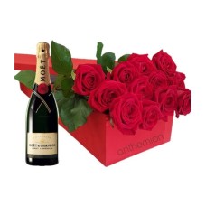 Gift box with red roses and MOET 700ml