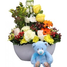 Flowers With Teddy Bear For Baby Boy