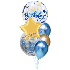 Blue + Gold Happy Birthday Balloon Bouquet