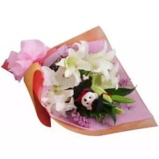Graduation Bouquet 04 (3 White Casa Lily + 1 Bear)