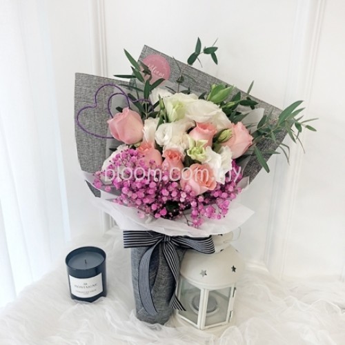 Fancy Bouquet 28 (6 stalks pink roses with white eustoma)