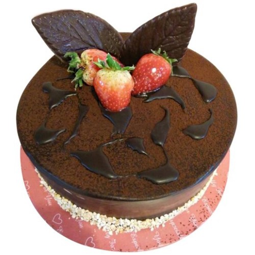 Chocolate Moist Delight with Flower Hand Bouquet (1.0kg cake with 6 stalk (Carnations OR Roses))