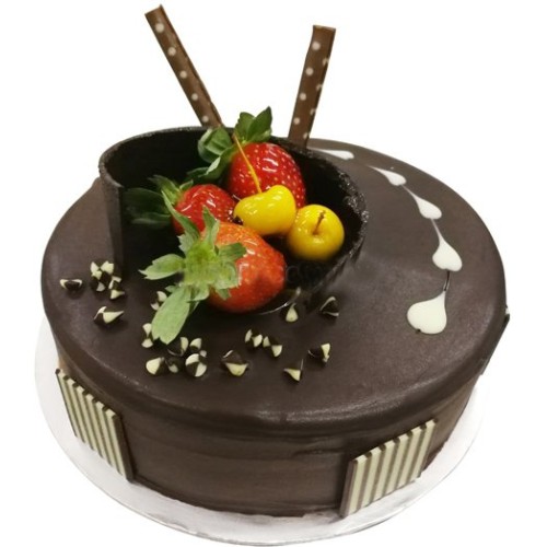 Chocolate Cheese Delight with Flower Hand Bouquet (0.5kg cake with 6 stalk (Carnations OR Roses))