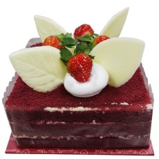 Red Velvet Delight with Flower Hand Bouquet (0.5kg cake with 6 stalk (Carnations OR Roses))