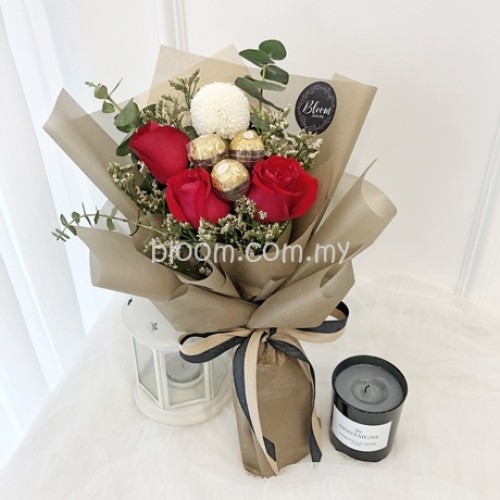Valentine Special Promotion 04 (3pcs Ferrero Rocher with 3 stalks red roses & pingpong flower)