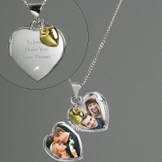 Personalised Sterling Silver Heart Locket Necklace with Diamond and 9ct Gold Charm