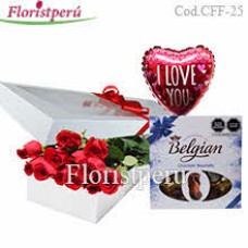 PROM: Box with 12 roses + Belgian Chocolates 200g + medium balloon