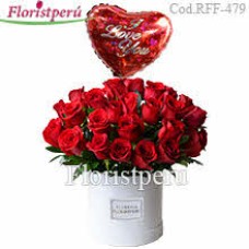 Cylindrical box with 24 roses + medium balloon