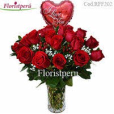 18 roses in glass vase + medium balloon