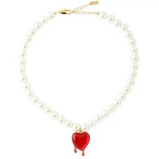 White Bead Necklace with Red Heart Pendant