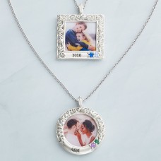 Framed Memories Engraved Filigree Birthstone Photo Pendant (Square)