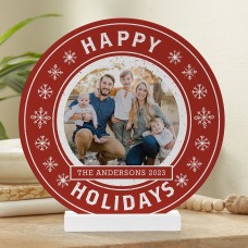 Happy Holidays Photo Wood Circle with Stand