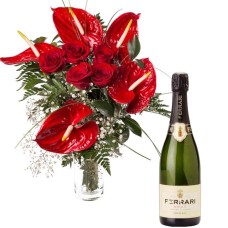 red roses and anthurium with champagne (flowers and wine)