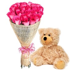 bouquet pink roses and teddy bear (Deluxe)