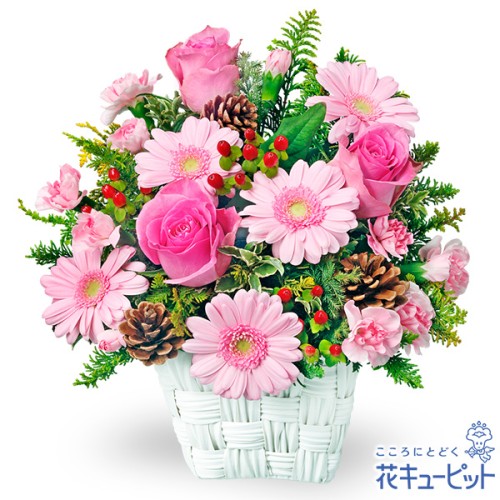 Basket of pink roses and pink gerberas