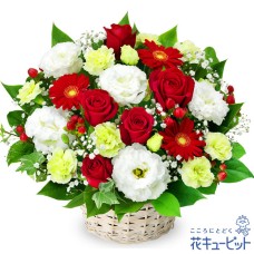 Arrangement of red roses and red gerberas