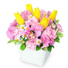 Arrangement Of Sweet Pea And Yellow Tulips
