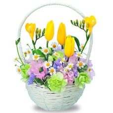 Natural Basket Of Yellow Tulips
