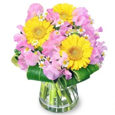 Sweet Pea And Gerbera Glass Bouquet