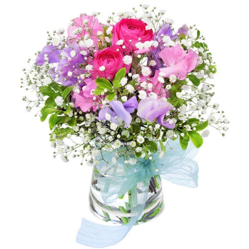 Ranunculus And Sweet Pea Glass Bouquet (With Vase)