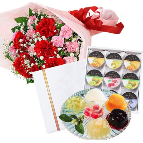 Carnation Bouquet And [Ginza Senbiya] Ginza Jelly 9 Pieces