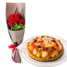 Bouquet of 5 red roses and [Ginza Sembikiya] Ginza tart (fruit)