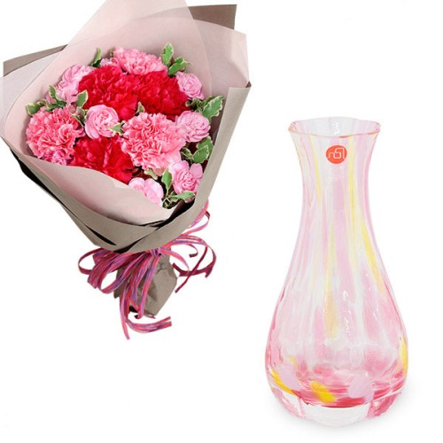 Natural Bouquet (Pink) And [Tsugaru Vidro] Hana Hikari Vase (Flower Pink)