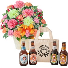 Carnation Mix Arrangement And Hitachino Nest Beer 4 Bottles Set (With Bag)