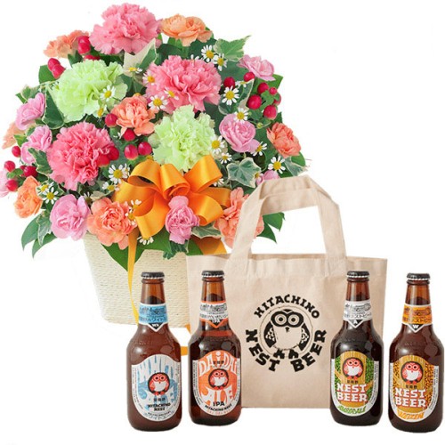 Carnation Mix Arrangement And Hitachino Nest Beer 4 Bottles Set (With Bag)