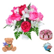 White and pink bouquet with teddy and elegant cake (Deluxe)