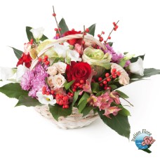 Basket Of Mixed Flowers In Red, White And Purple Tones (Deluxe)