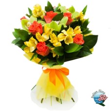 Bouquet of orange roses with yellow alstromeria (Deluxe)