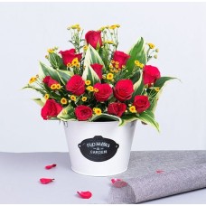 'love Is The Answer' 15 Red Rose Arrangement In A Metal Basket