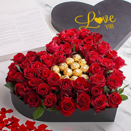 Endless Love - 50 Red Roses With Ferrero Rocher In A Heart Shape Box