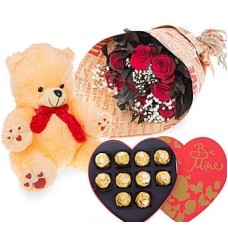 Eternal Love Gift Bundle With Huggable Teddy Bear, Box Of Ferrero Chocolates And A 12 Red Rose Bunch