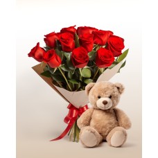 Caprice Combo: 12 Roses Bouquet + Teddy Bear: