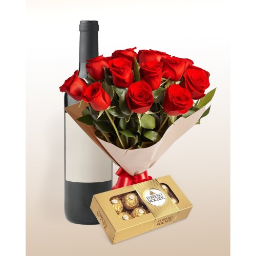 Elegance Combo: 12 Roses Bouquet + Chocolates + Wine