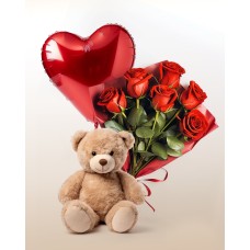 Tenderness Combo: 6 Roses Bouquet + Balloon + Teddy Bear