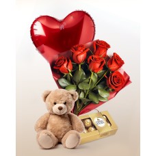Silver Valentine Combo: 6 Roses Bouquet + Balloon + Teddy Bear+ Heart Chocolate box