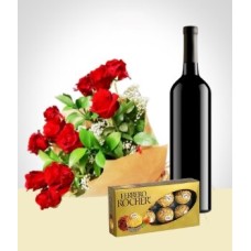 Elegance Combo: 12 Roses Bouquet + Chocolates + Wine