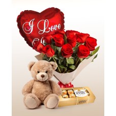 Fullness Combo: 12 Roses + Teddy Bear + Balloon + Chocolates